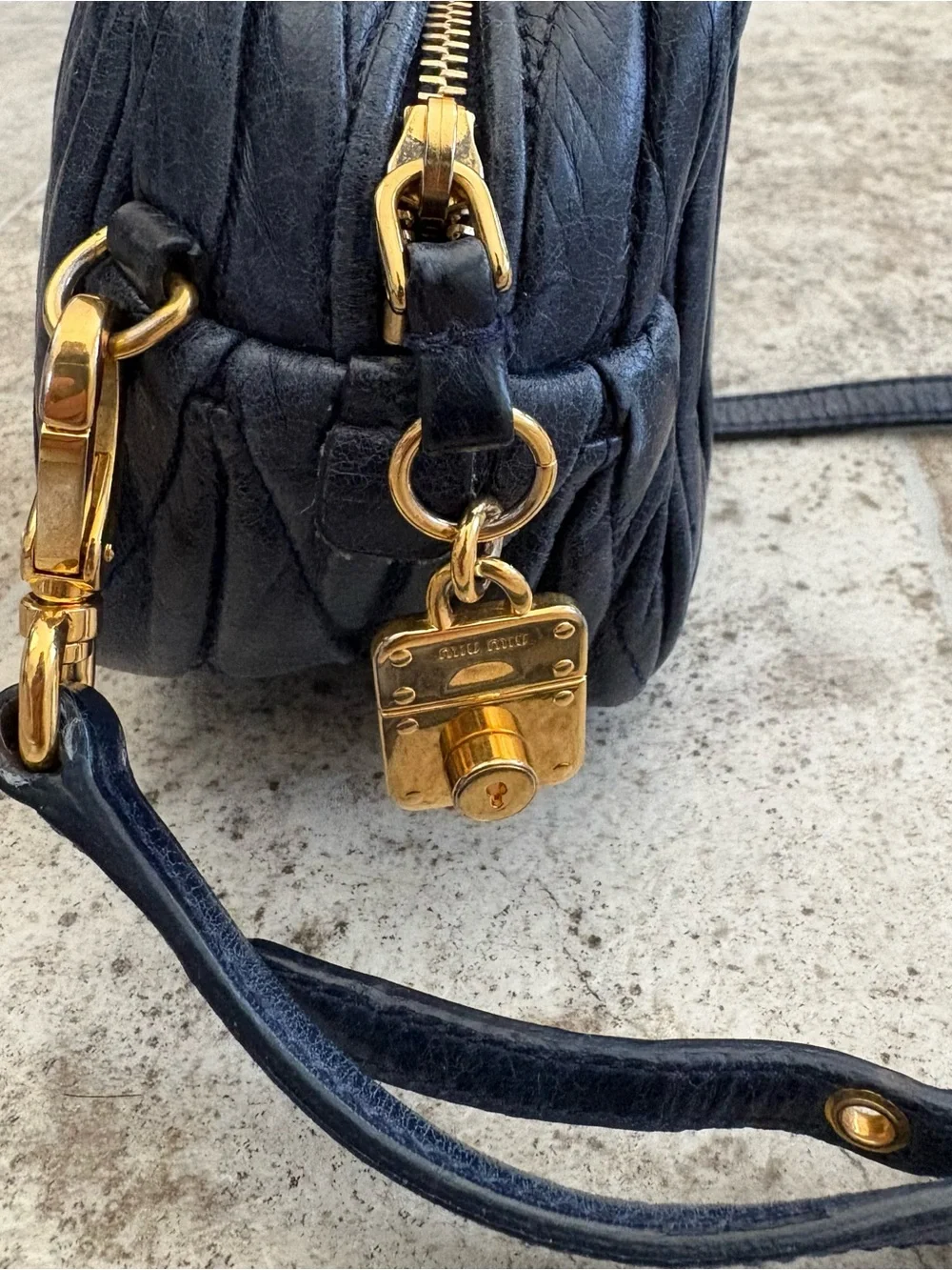 Miu Miu Quilted Navy Leather Crossbody with Gold Hardware